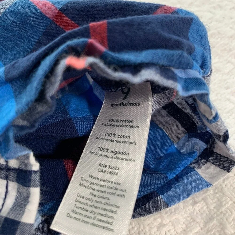 5/$25 Carter's 9 Months Blue Red Plaid Short Sleeve‎ Romper Button Front Cotton